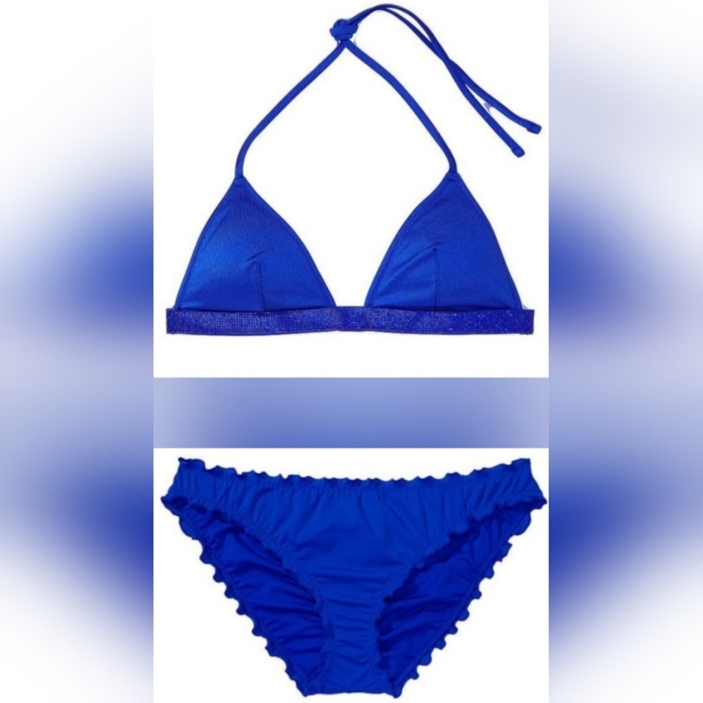 M/M VS Swim Shine Strap Triangle Ruffle Cheeky Bikini Set Blue Tropical